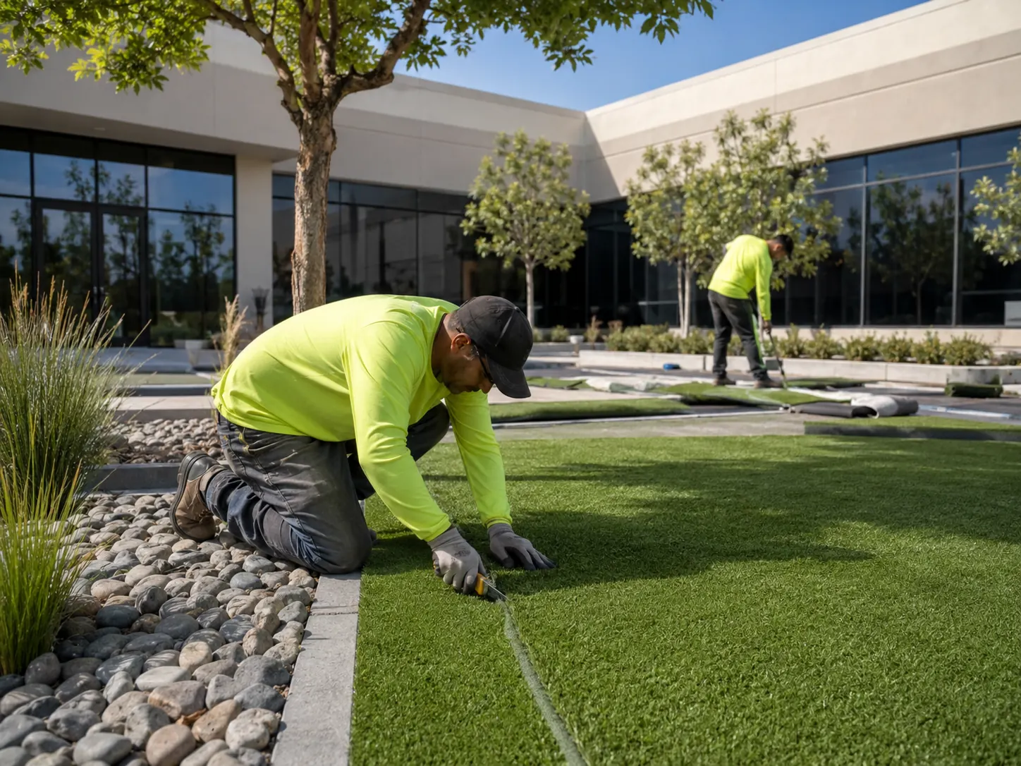 Completed commercial property artificial turf installation