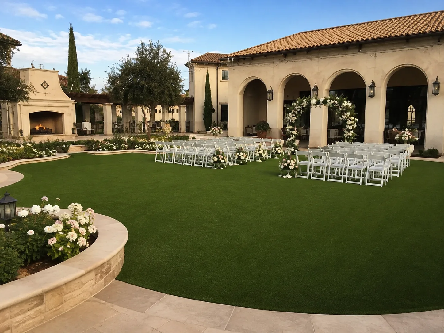Outdoor event space prepared with a finished artificial turf surface
