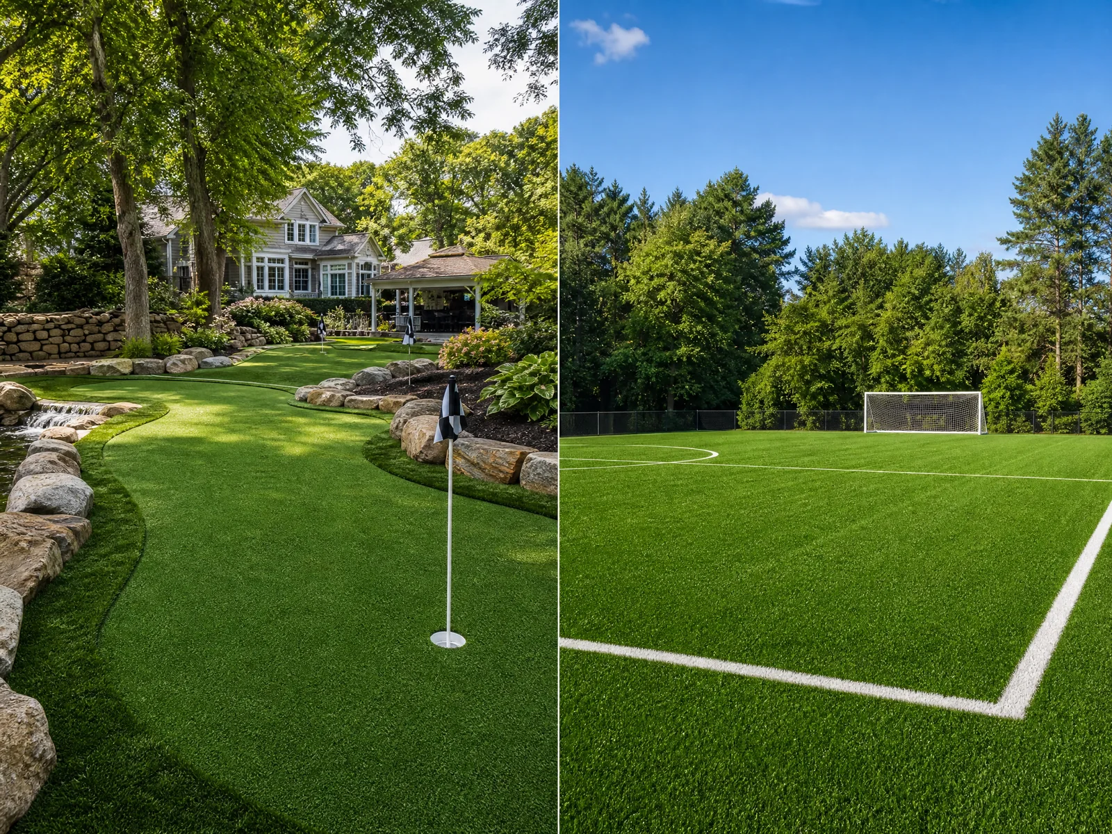 Split view of a mini golf artificial turf course and a completed turf sports field