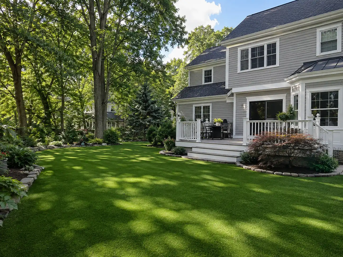 Completed artificial turf backyard at the same gray Hudson Valley home